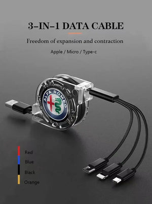 3 In 1 Data Cable Scalable Phone Fast Charging Cable Car Accessories For Alfa Romeo Giulietta Mito Giulia Stelvio Brera 147 156